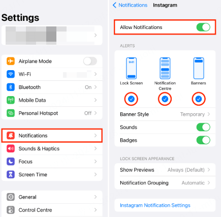 how to allow ig notifications setting on ios