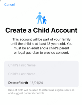 how to create child account in family sharing