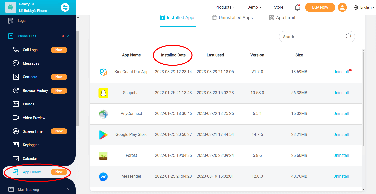 How to tell when an app was installed in kidsguard pro