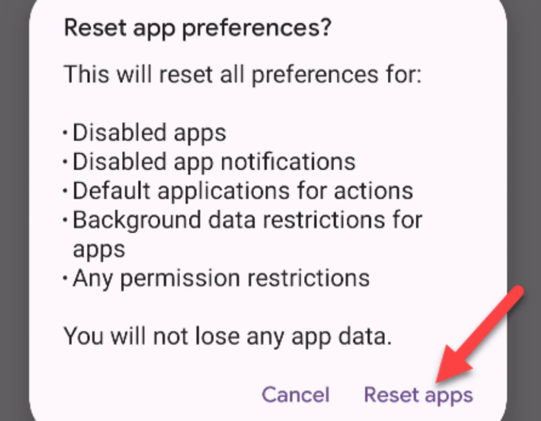 Reset app preference to fix notification not working