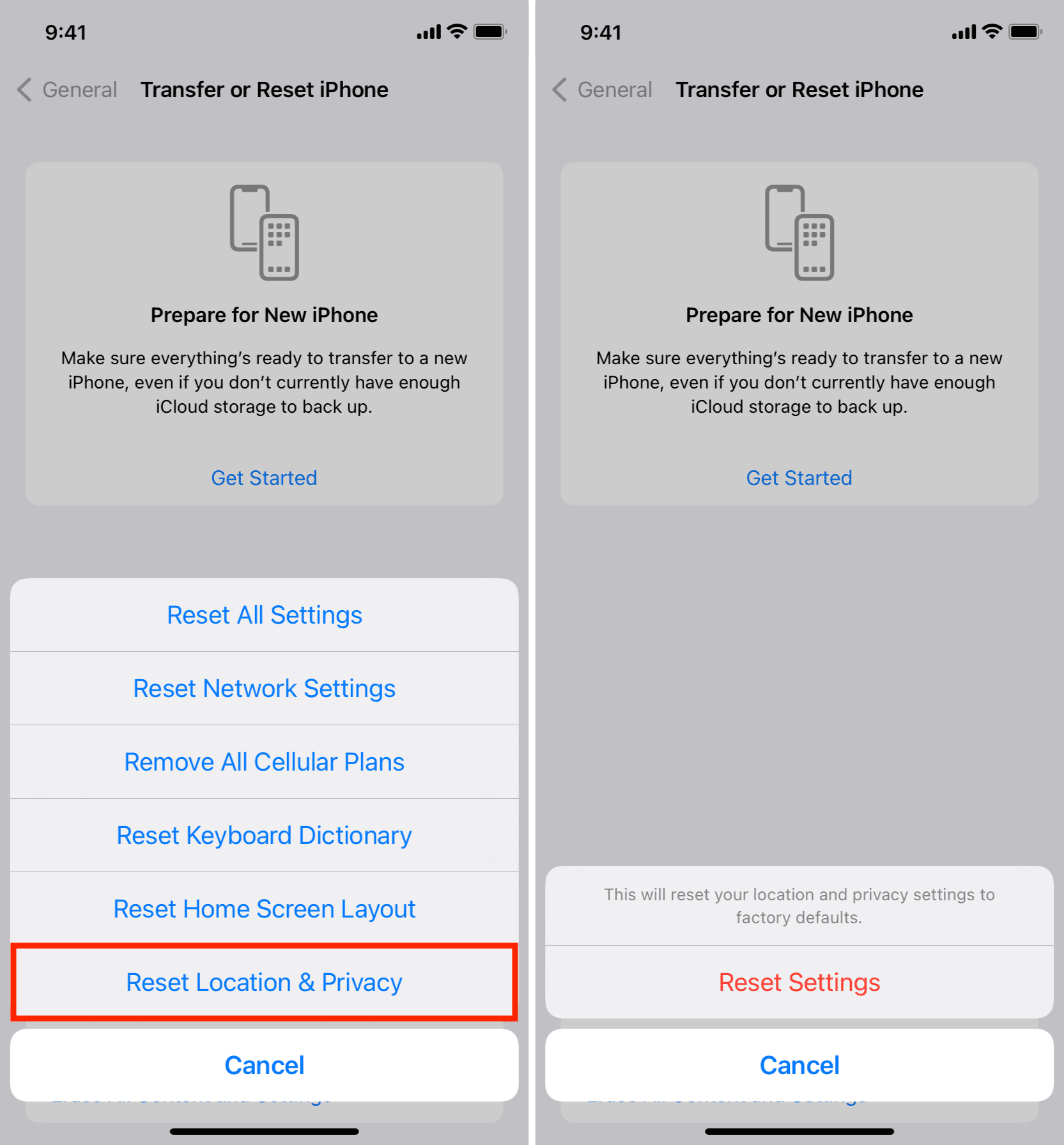 how to reset locations and privacy settings on ios