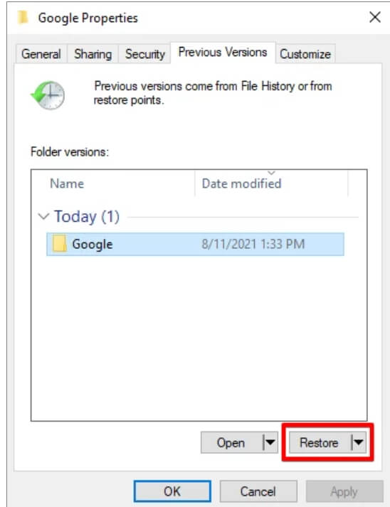 restore previous versions deleted chrome history