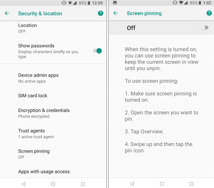 how to lock the screen on android with screen phinning