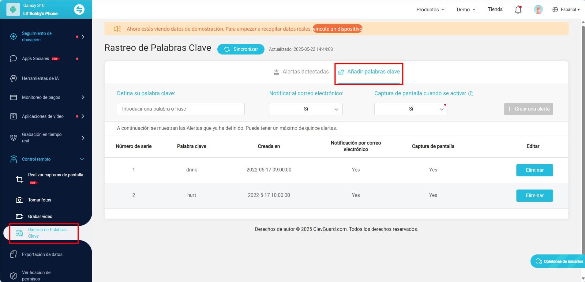 alerta por palabras clave