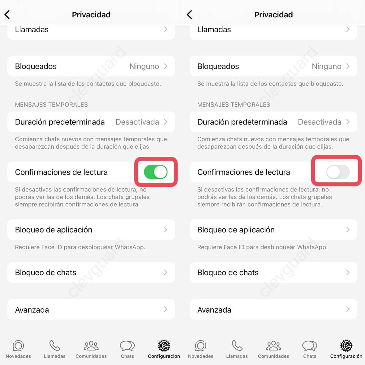 desactivar confirmaciones de lecturas de whatsapp