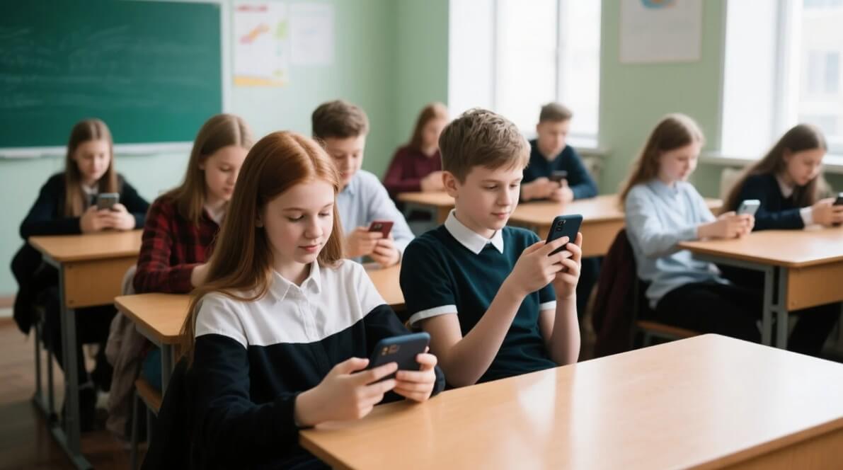Los estudiantes extranjeros de secundaria juegan con sus teléfonos móviles en el aula