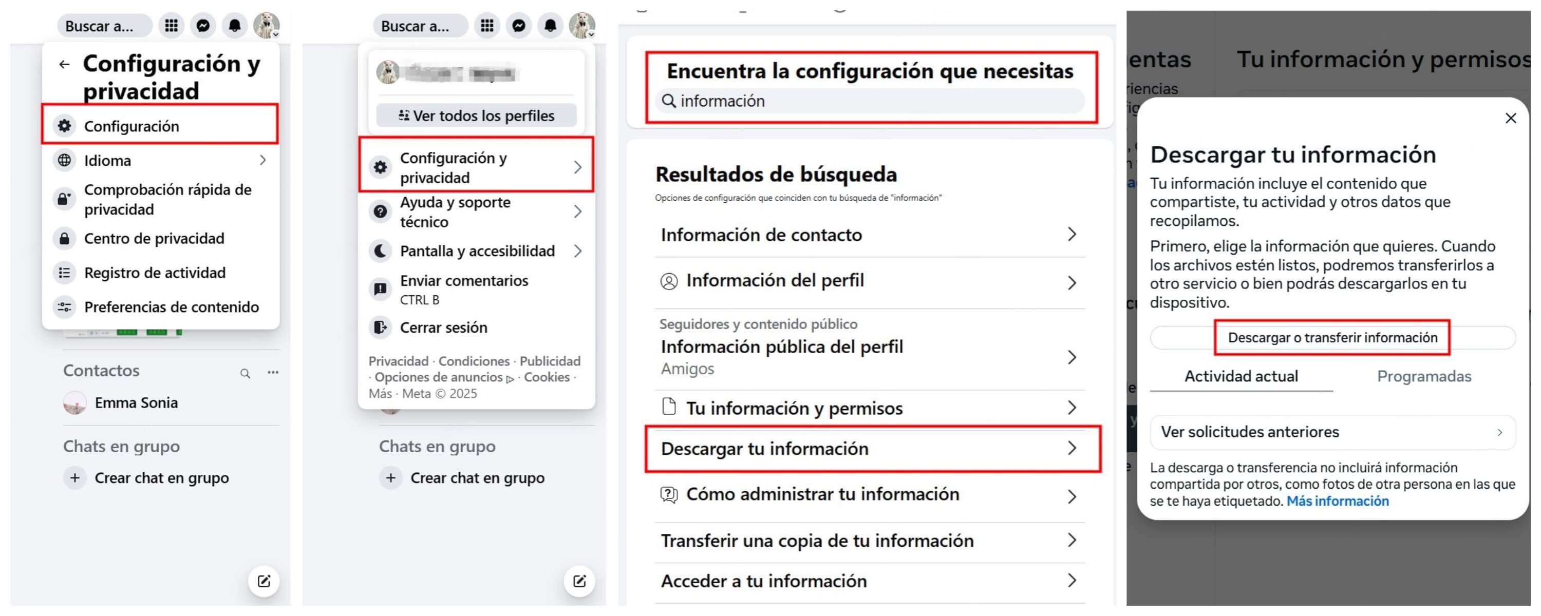 los pasos de descargar de datos de facebook