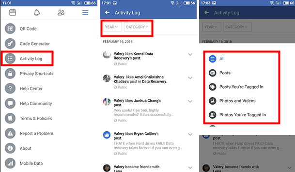 ver la actividad de facebook en celular