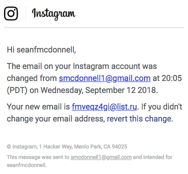 instagram email revert