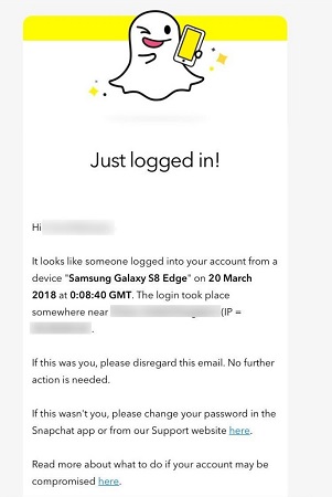 snapchat tell you that someone logs in to your account
