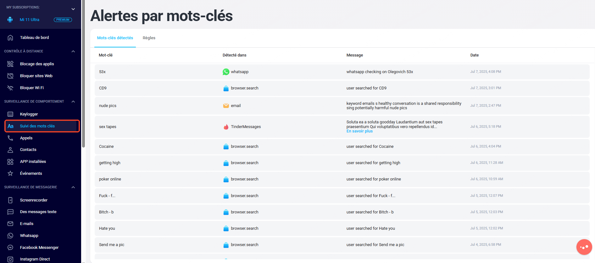 Alertes par mots-clés