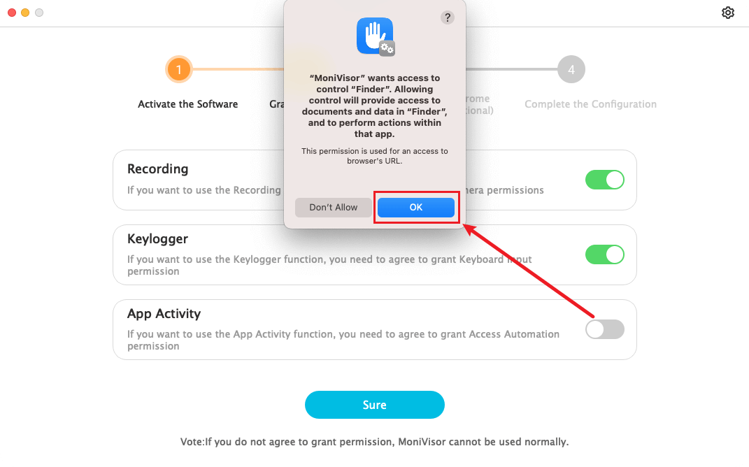 How to allow for app activity in monivisor on macbook