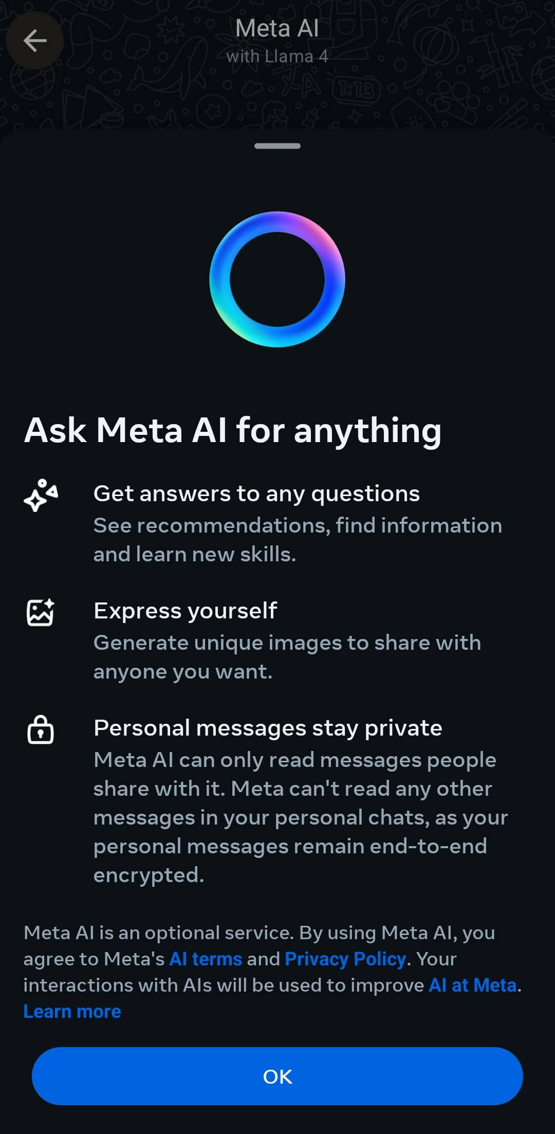 Aperçu de Meta AI dans WhatsApp