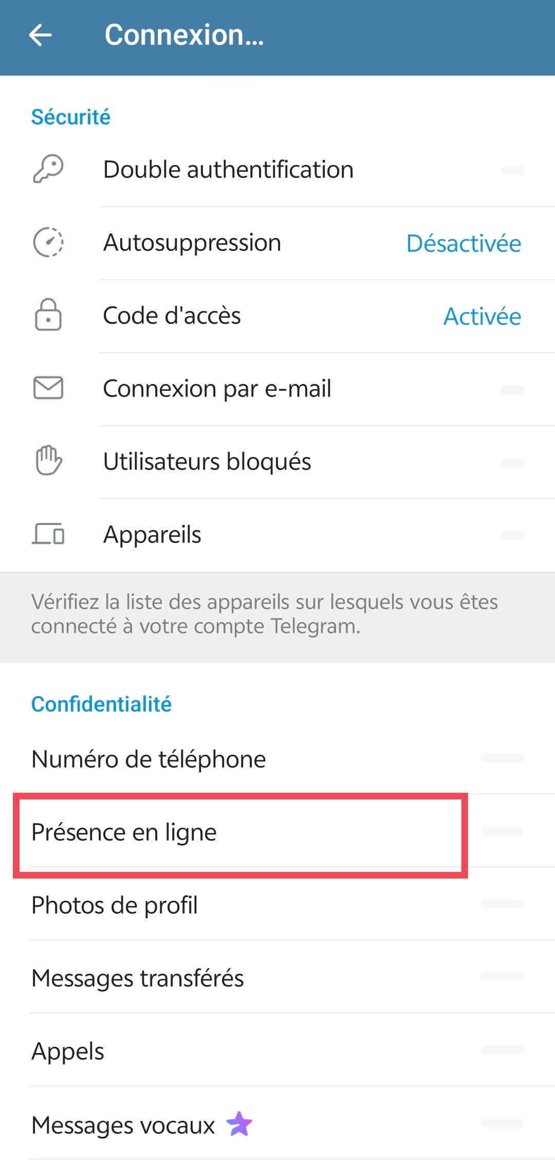 présence en ligne 1