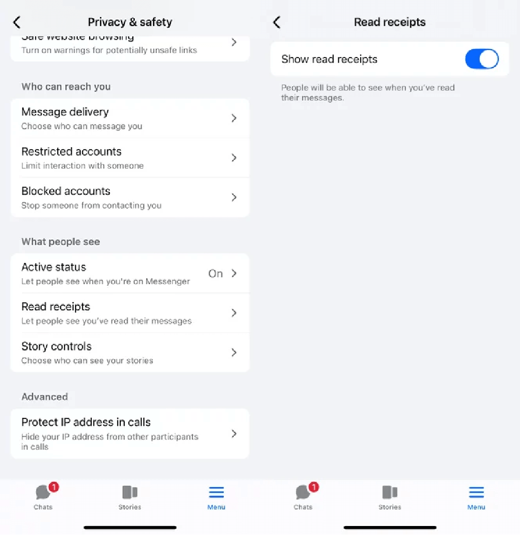 désactiver les accusés de lecture sur messenger