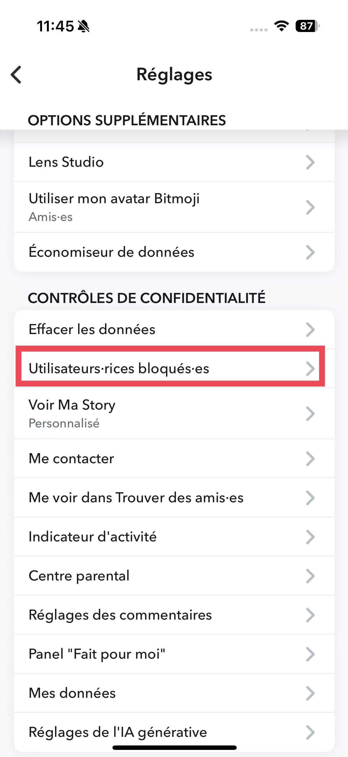 la section Utilisateurs rices bloqués(es)