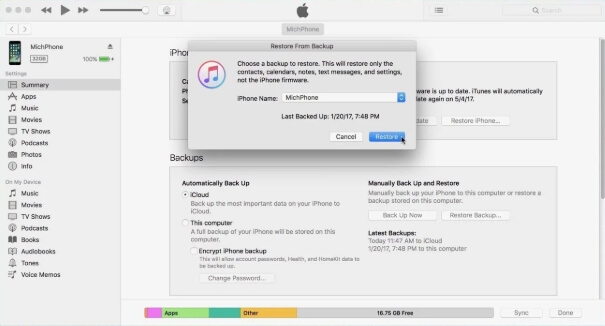 restore iphone from itunes