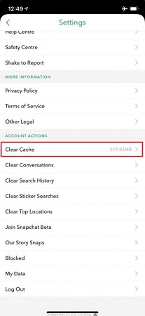 clear cache on Snapchat