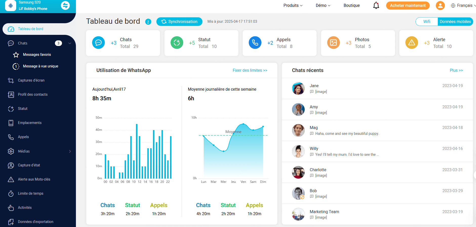 tableau de bord kidsguard whatsapp