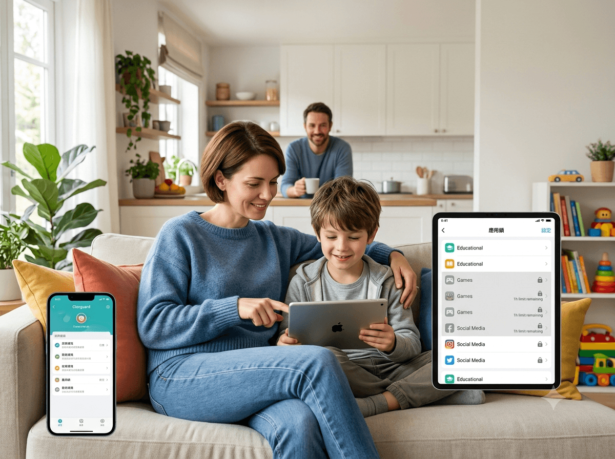 Colorful app blocking dashboard illustration for parents