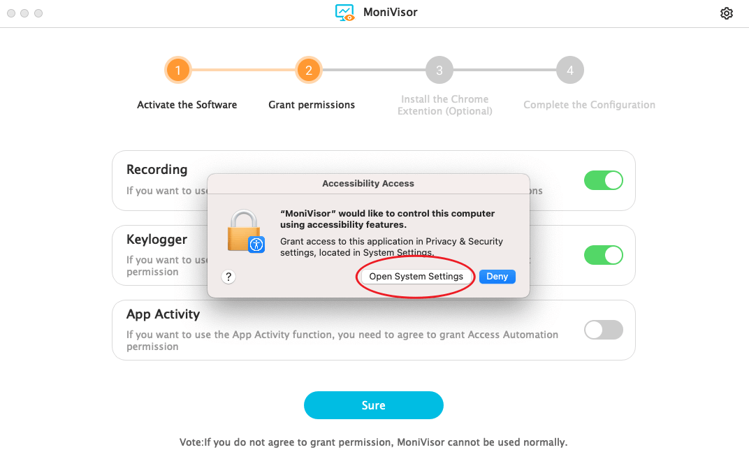 How to grant permissions for monivisor on macbook